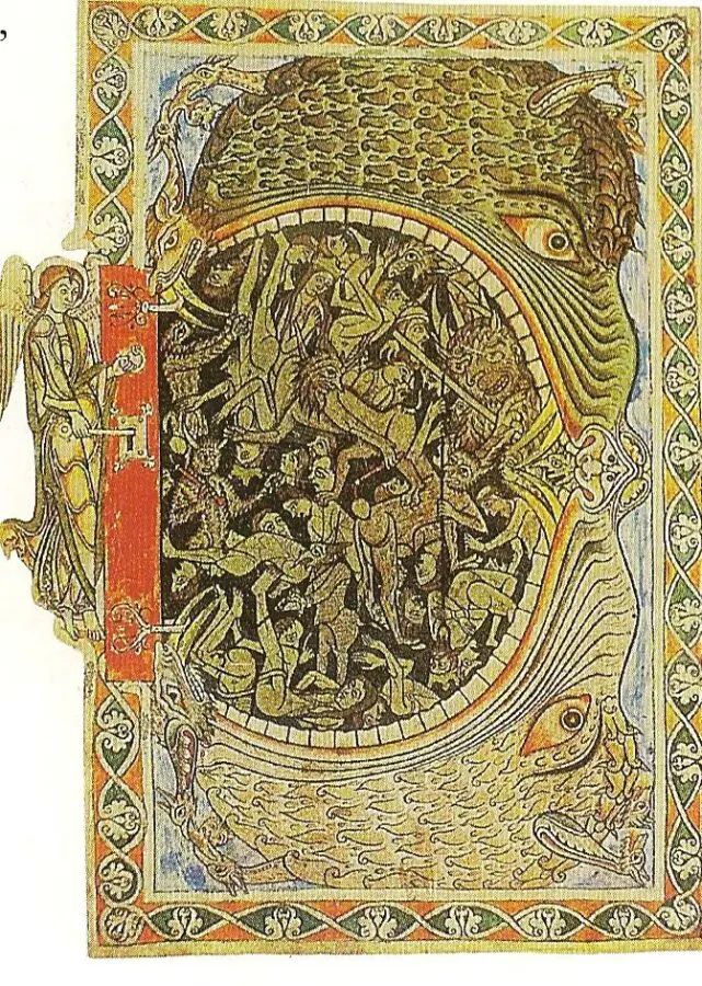 Hellmouth locked by archangel from Winchester Psalter
